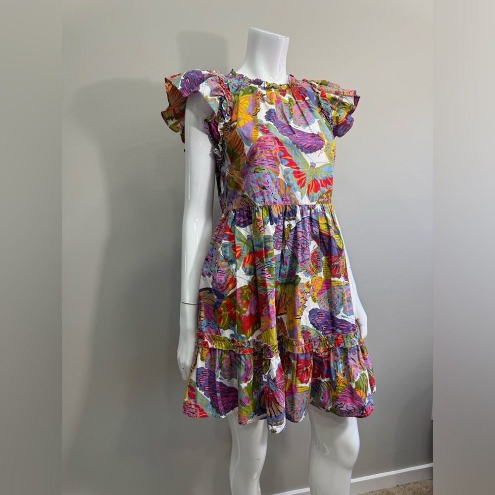 CAROLINE CONSTAS Papillon Flutter Sleeve Butterfly Floral Tiered Mini Dress